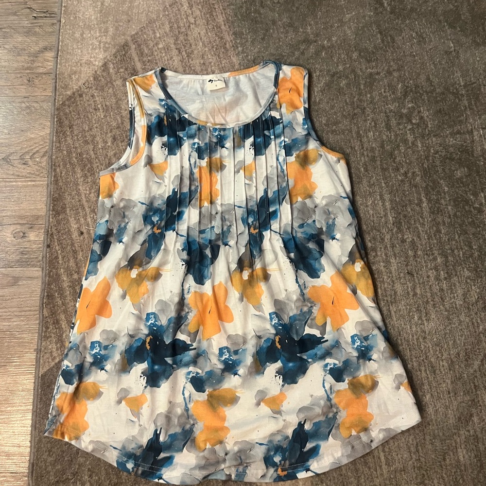 Pleated Orange and Blue Tank Top Blouse